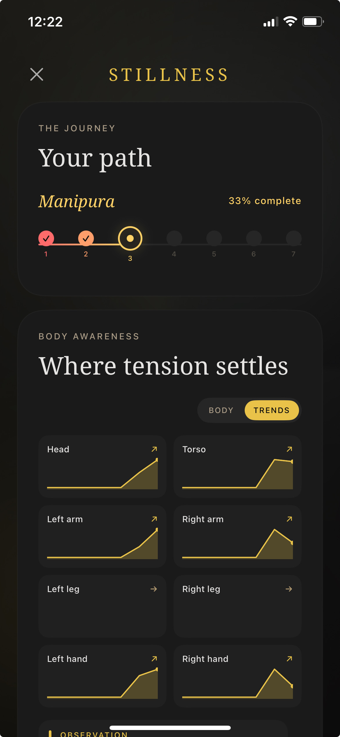 Stillness Body Awareness screen showing trends by body area